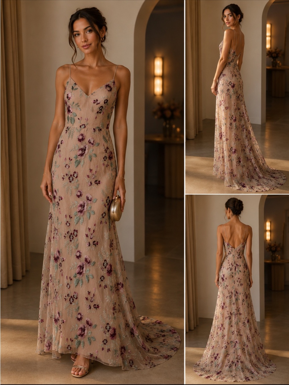 Jenny Yoo Beige Floral Embroidered Maxi Dress with Plum Accents